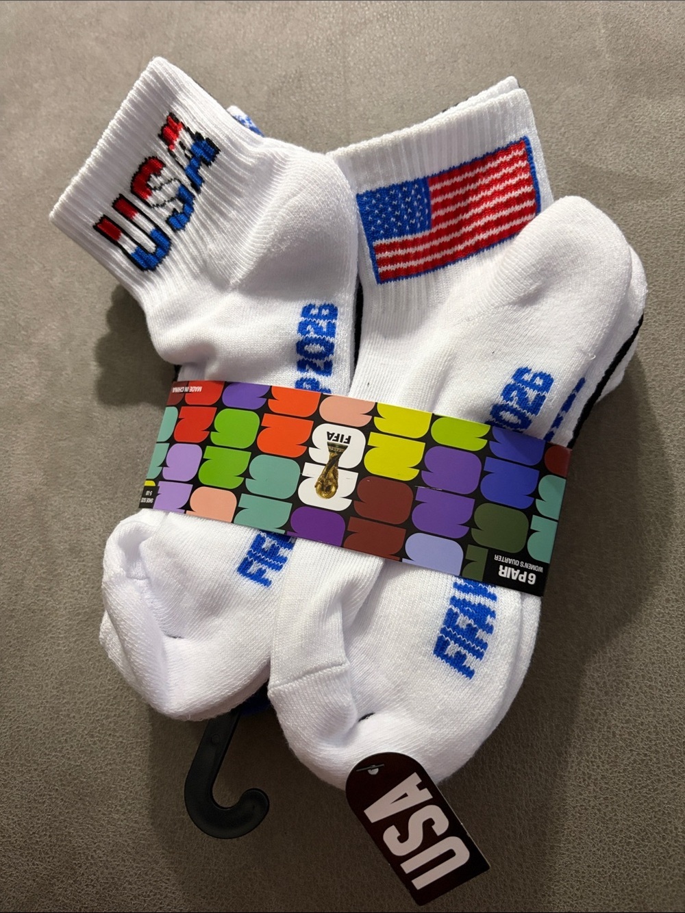 USA Flag White Crew Socks with 'USA' Lettering - Pack of 6